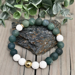 Moss Agate, Marble Howlite & White Lava Gemstone Bracelets