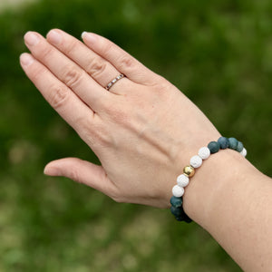 Moss Agate, Marble Howlite & White Lava Gemstone Bracelets