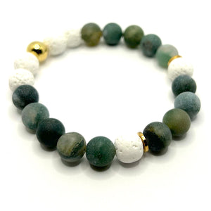 Moss Agate, Marble Howlite & White Lava Gemstone Bracelets