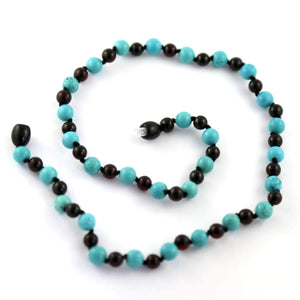 Amber-Gemstone Dark Cherry & Turquoise - 16 Necklace - Baltic Amber & Gemstone Jewelry