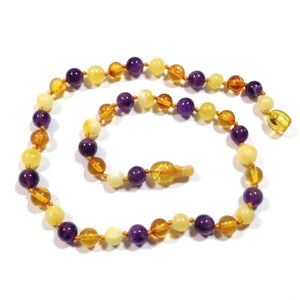 Amber-Gemstone Honey Butter & Amethyst - 12 Necklace - Pop Clasp - Baltic Amber & Gemstone Jewelry