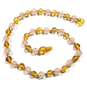 Amber-Gemstone Lemon & Rose Quartz - 12 Necklace - Pop Clasp - Baltic Amber & Gemstone Jewelry