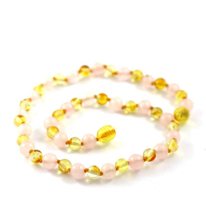 Amber-Gemstone Lemon & Rose Quartz - 12 Necklace - Twist Clasp - Baltic Amber & Gemstone Jewelry