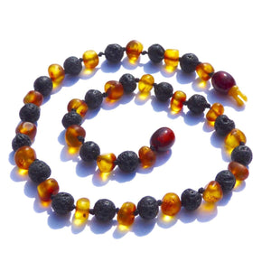 Amber-Gemstone Nutmeg & Lava Stone - 14 Necklace - Pop Clasp - Baltic Amber & Gemstone Jewelry