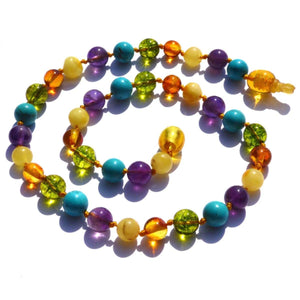 Baltic Amber & Gemstone - Turquoise Green Peridot Honey Butter & Amethyst - 12 Necklace - Pop Clasp - Baltic Amber & Gemstone Jewelry