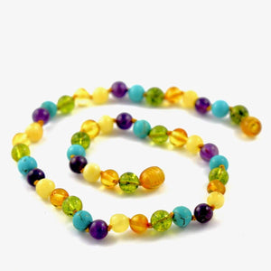 Baltic Amber & Gemstone - Turquoise Green Peridot Honey Butter & Amethyst - 12 Necklace - Twist Clasp - Baltic Amber & Gemstone Jewelry