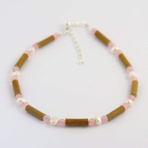 Hazel-Gemstone Freshwater Pearl & Rose Quartz - 9.5-10.5 Adjustable Anklet - Hazelwood & Gemstone Jewelry