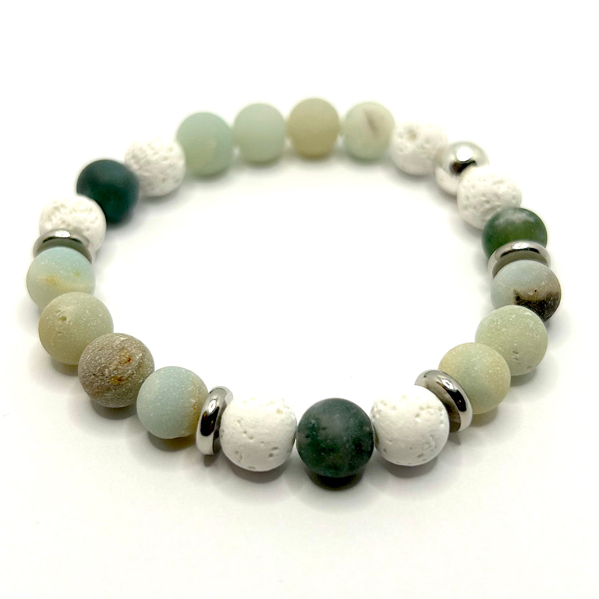 Blue Amazonite, Marble Howlite, &amp; White Lava Gemstone Bracelets