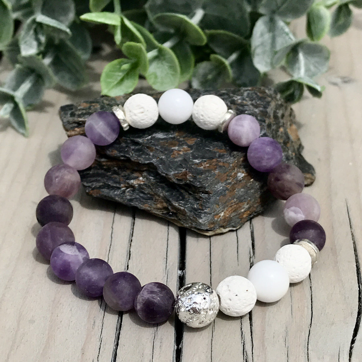 Purple Amethyst &amp; White Lava Gemstone Bracelets