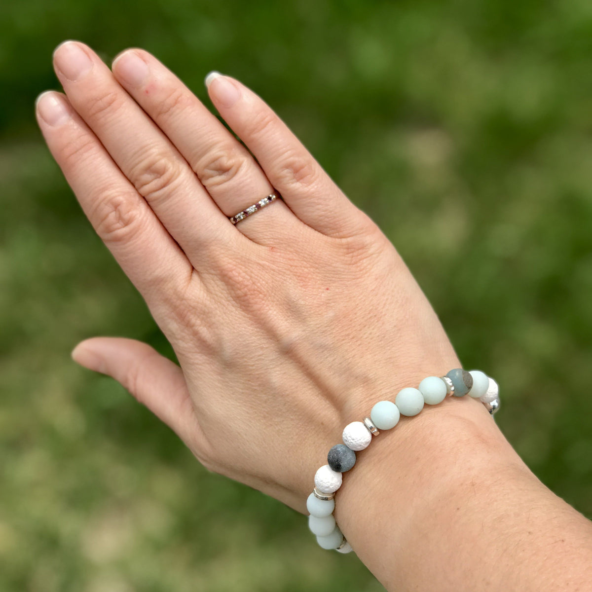 Blue Amazonite, Marble Howlite, &amp; White Lava Gemstone Bracelets