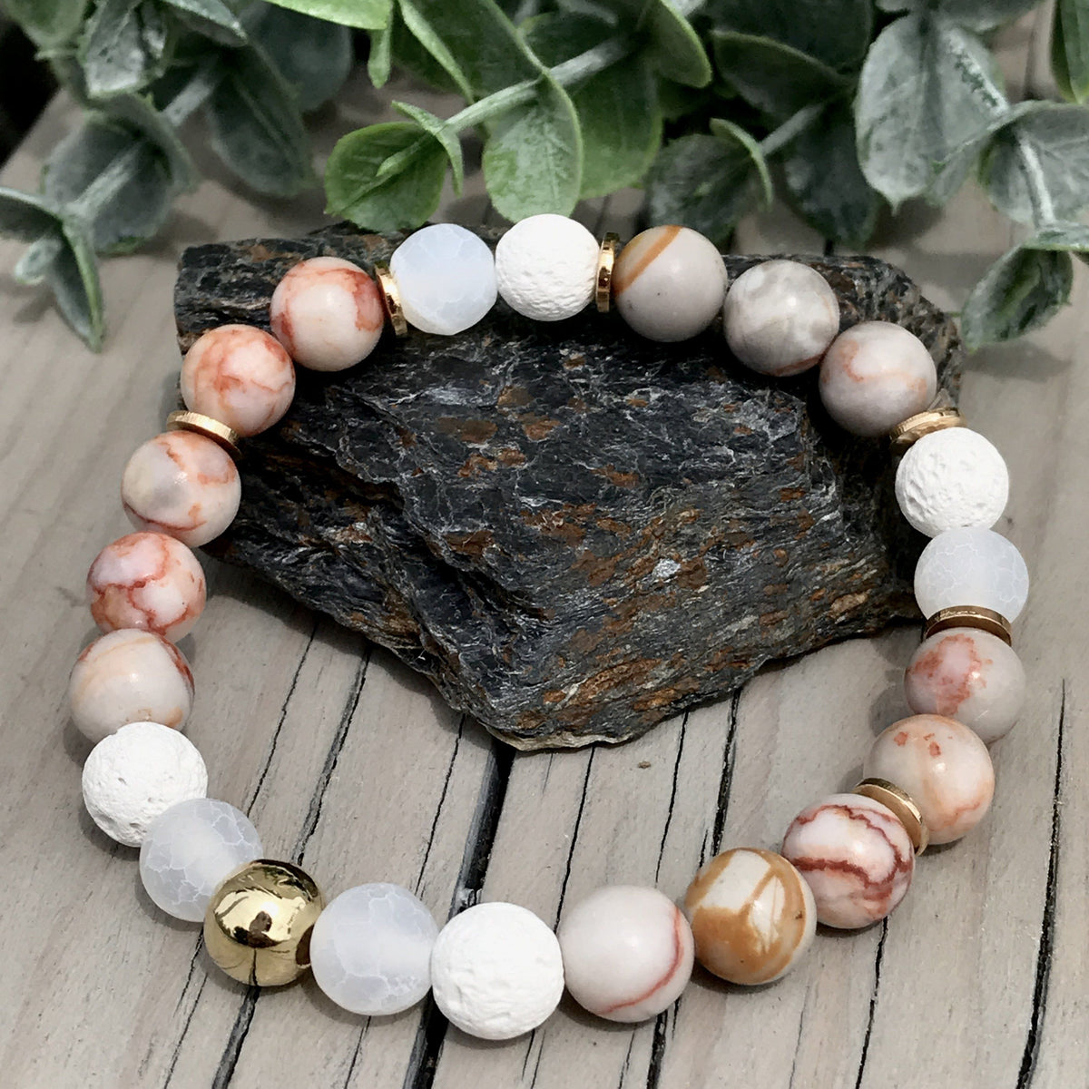 Pink Zebra Jasper, Rose Quartz Crystal, &amp; White Lava Gemstone Bracelets
