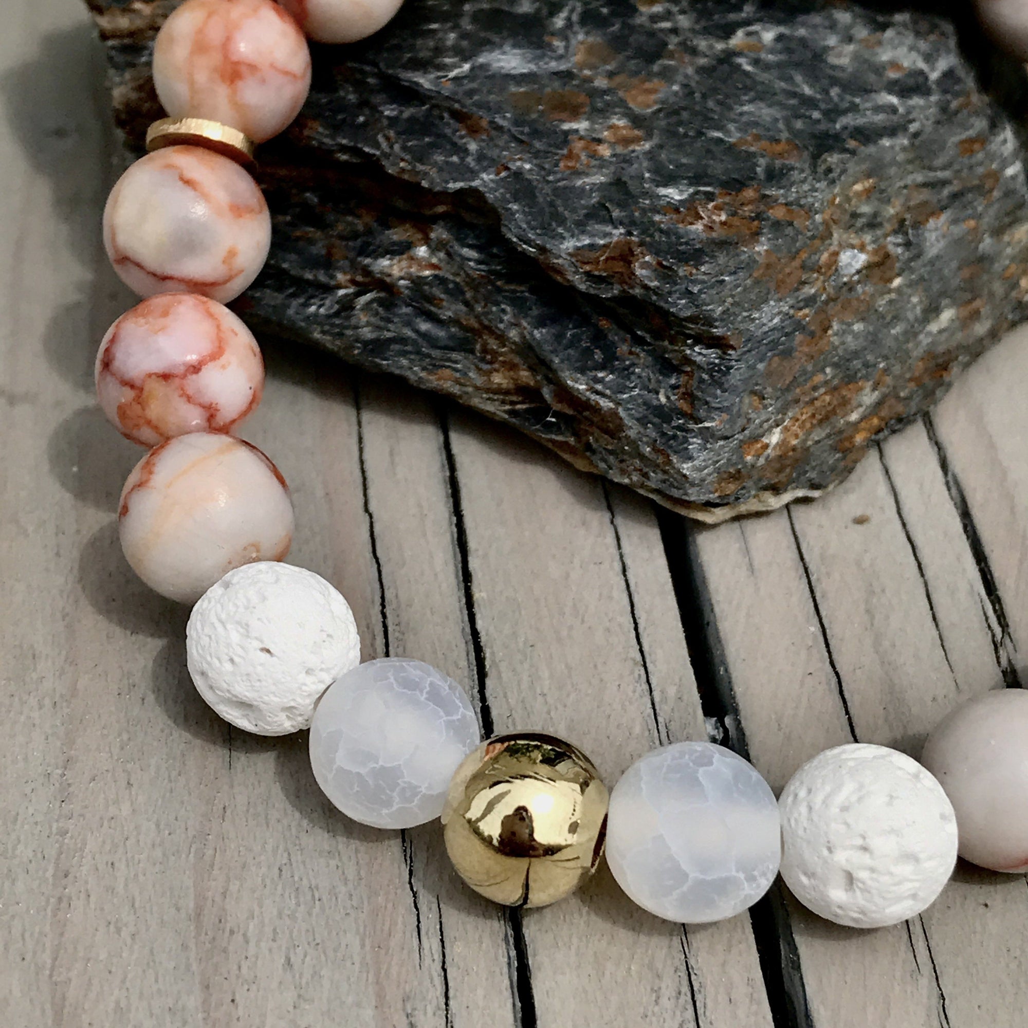 Pink Zebra Jasper, Rose Quartz Crystal, & White Lava Gemstone Bracelet