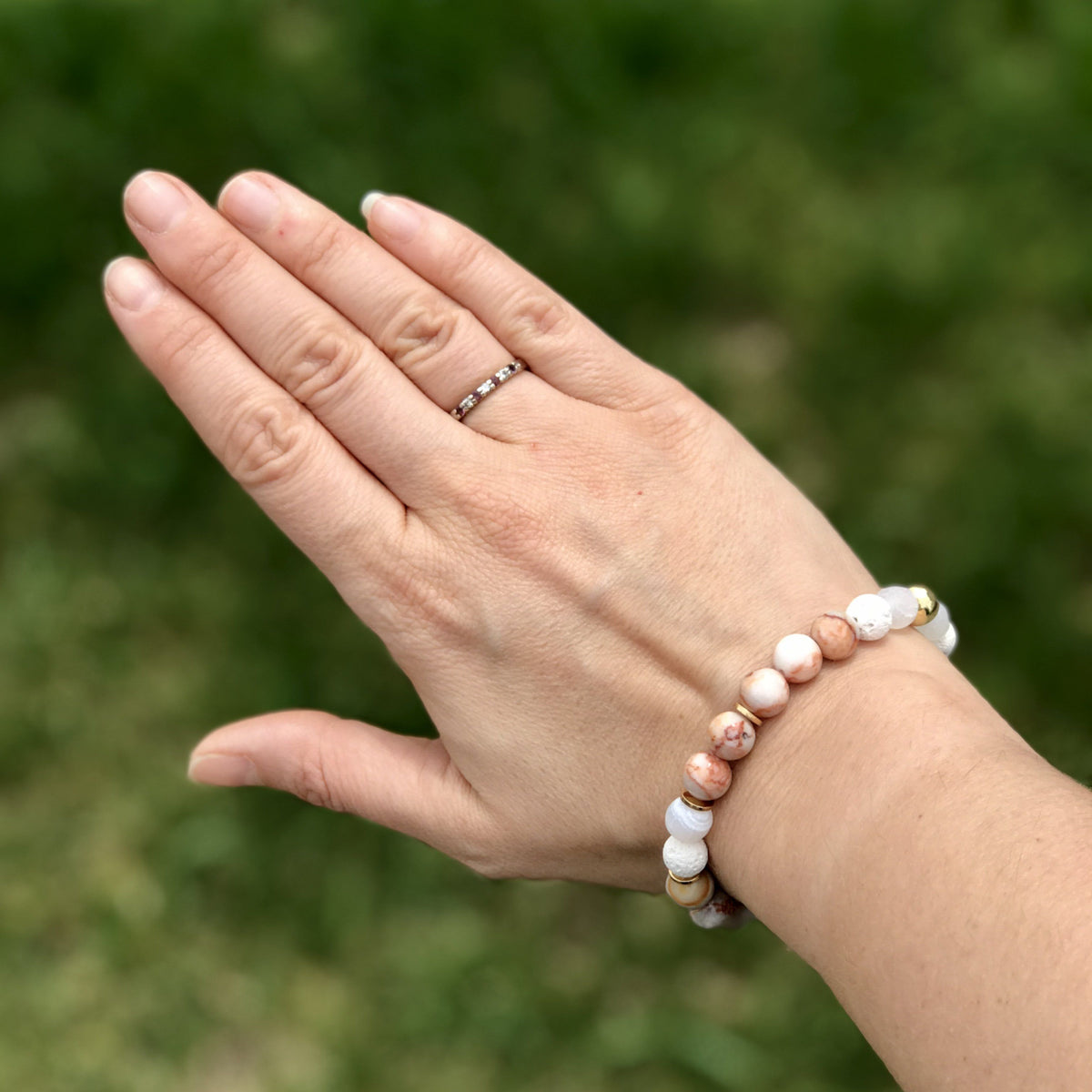 Pink Zebra Jasper, Rose Quartz Crystal, &amp; White Lava Gemstone Bracelets