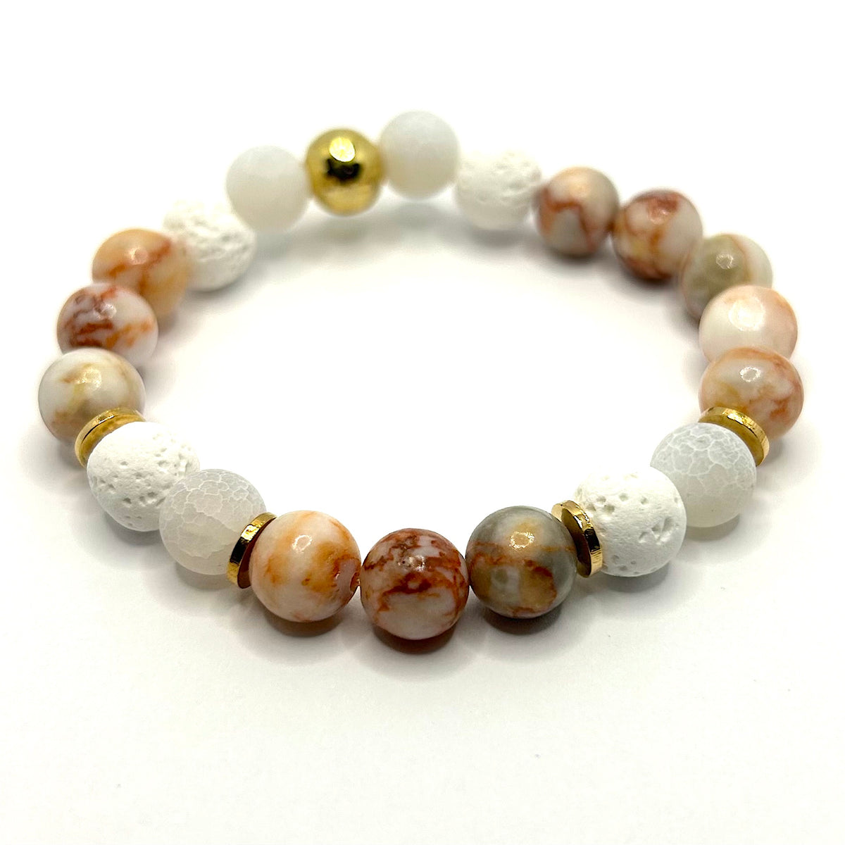 Pink Zebra Jasper, Rose Quartz Crystal, &amp; White Lava Gemstone Bracelets