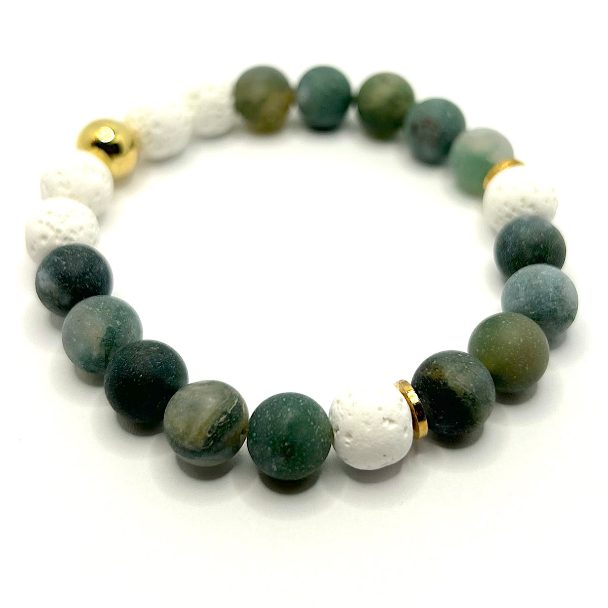 Moss Agate, Marble Howlite &amp; White Lava Gemstone Bracelets