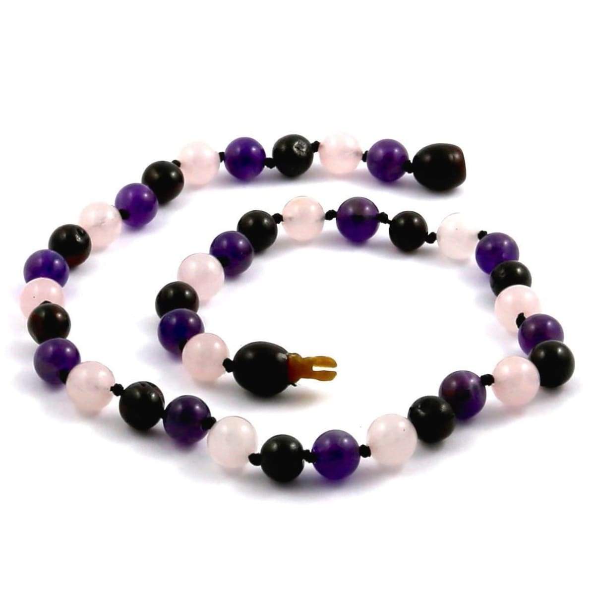 Amber-Gemstone Dark Cherry Rose Quartz &amp; Amethyst - 12 Necklace - Pop Clasp - Baltic Amber &amp; Gemstone Jewelry
