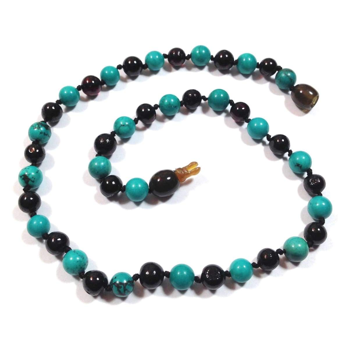 Amber-Gemstone Dark Cherry &amp; Turquoise - 12 Necklace - Pop Clasp - Baltic Amber &amp; Gemstone Jewelry