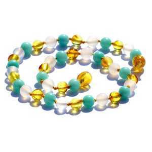 Amber-Gemstone Honey Aqua Stone & White Agate - 12 Necklace - Pop Clasp - Baltic Amber & Gemstone Jewelry