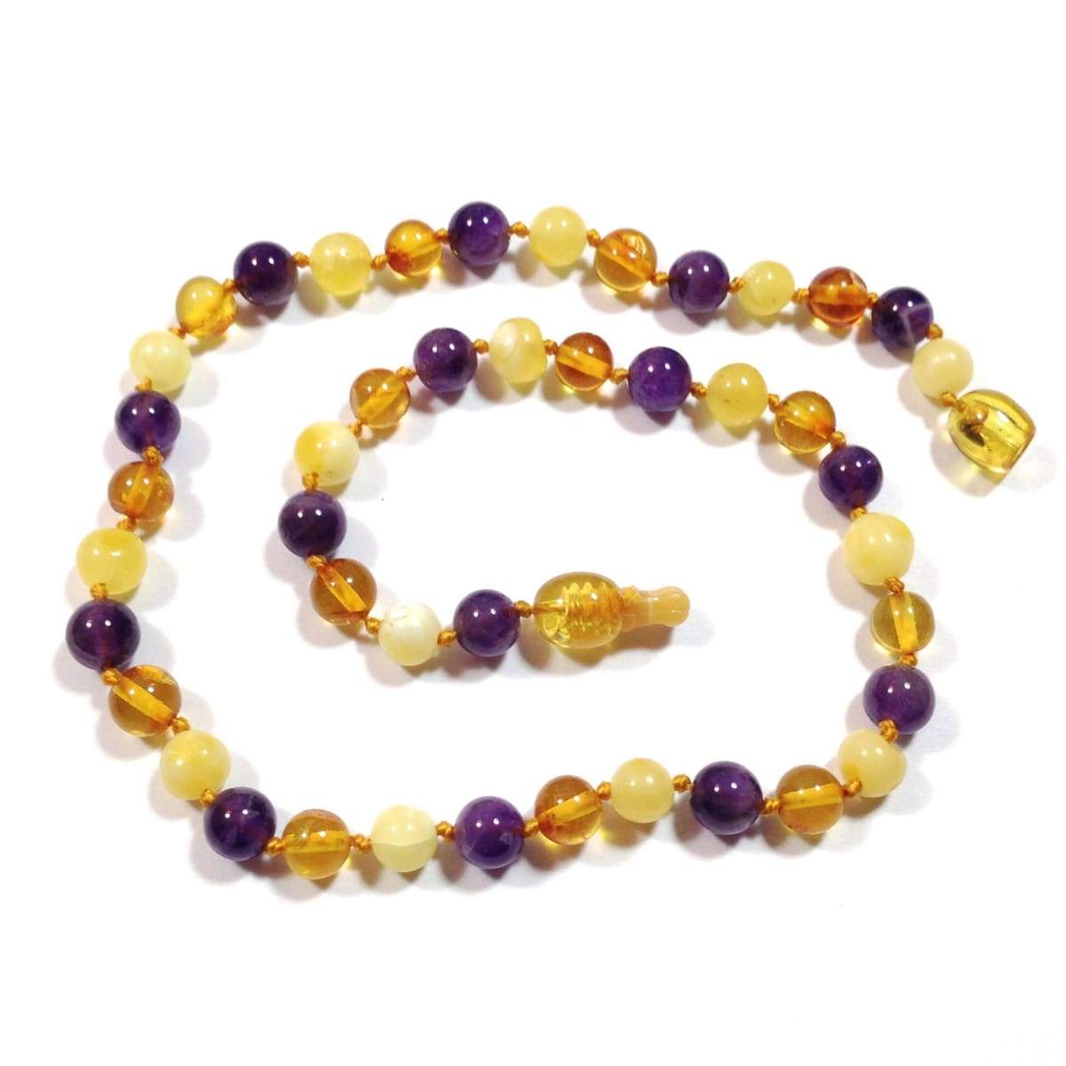 Amber-Gemstone Honey Butter &amp; Amethyst - 12 Necklace - Pop Clasp - Baltic Amber &amp; Gemstone Jewelry