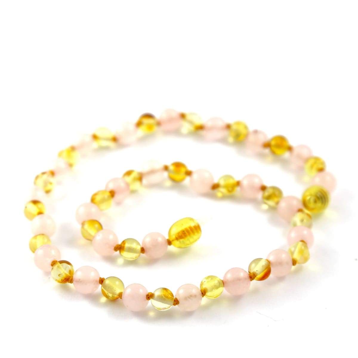 Amber-Gemstone Lemon &amp; Rose Quartz - 12 Necklace - Twist Clasp - Baltic Amber &amp; Gemstone Jewelry
