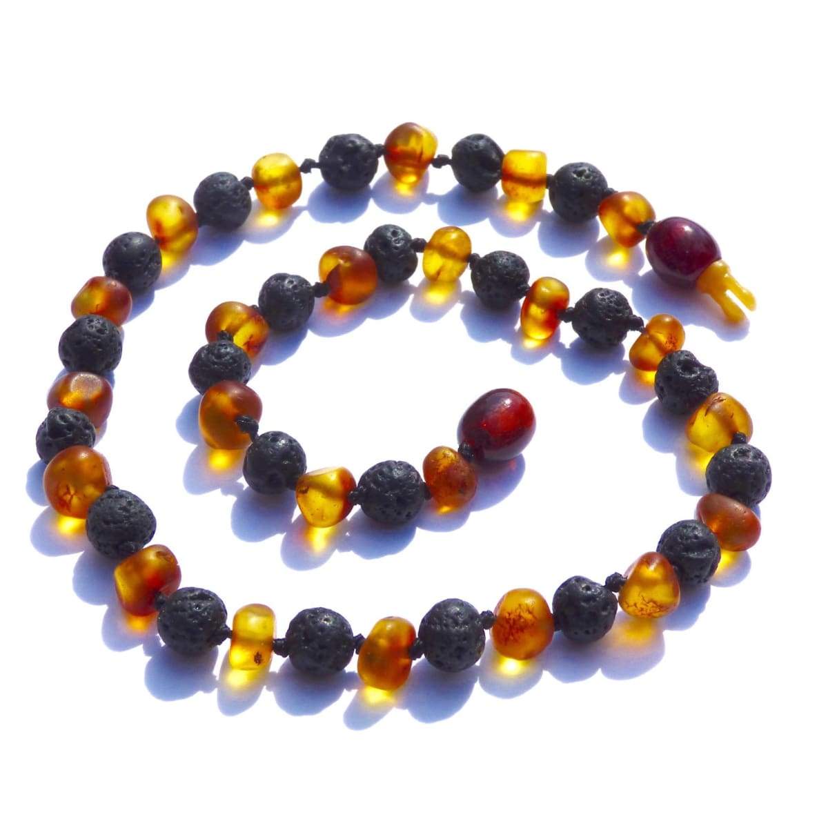 Amber-Gemstone Nutmeg &amp; Lava Stone - 14 Necklace - Pop Clasp - Baltic Amber &amp; Gemstone Jewelry