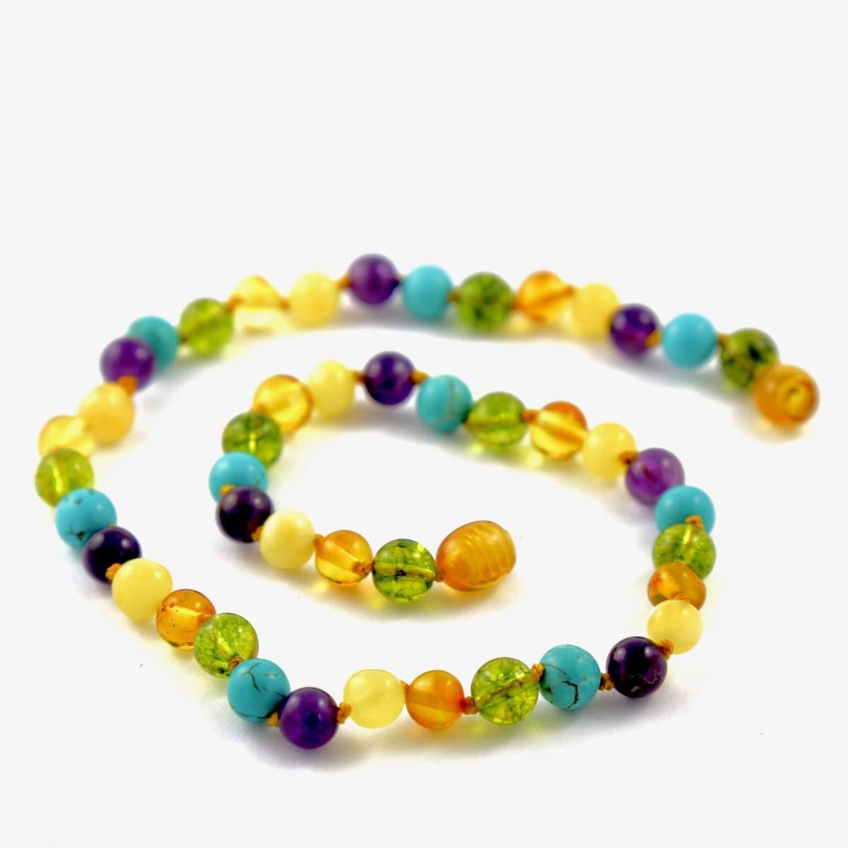Baltic Amber & Gemstone - Turquoise Green Peridot Honey Butter & Amethyst - 12 Necklace - Twist Clasp - Baltic Amber & Gemstone Jewelry