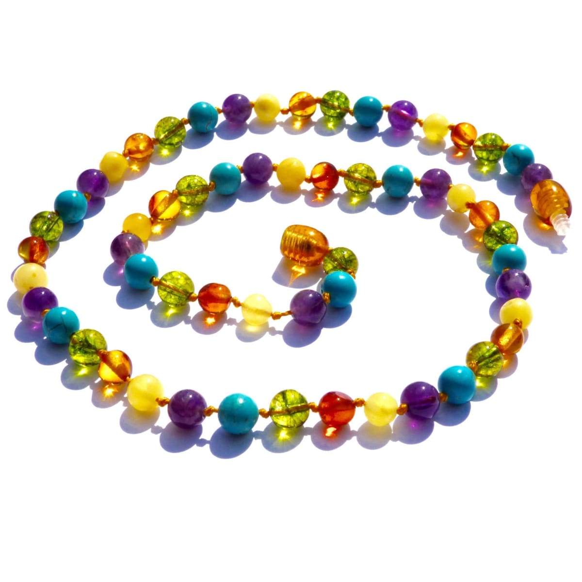 Baltic Amber & Gemstone - Turquoise Green Peridot Honey Butter & Amethyst - 16 Necklace - Baltic Amber & Gemstone Jewelry